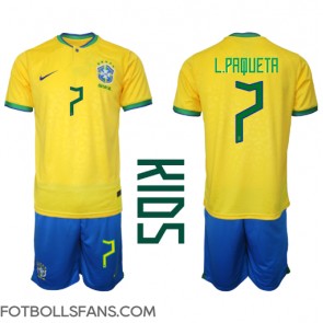 Brasilien Lucas Paqueta #7 Replika Hemmatröja Barn VM 2022 Kortärmad (+ Korta byxor)
